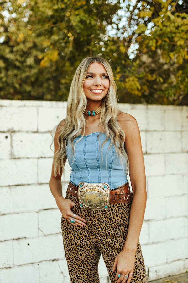 Stone Wash Stretch Denim Corset Strapless Top