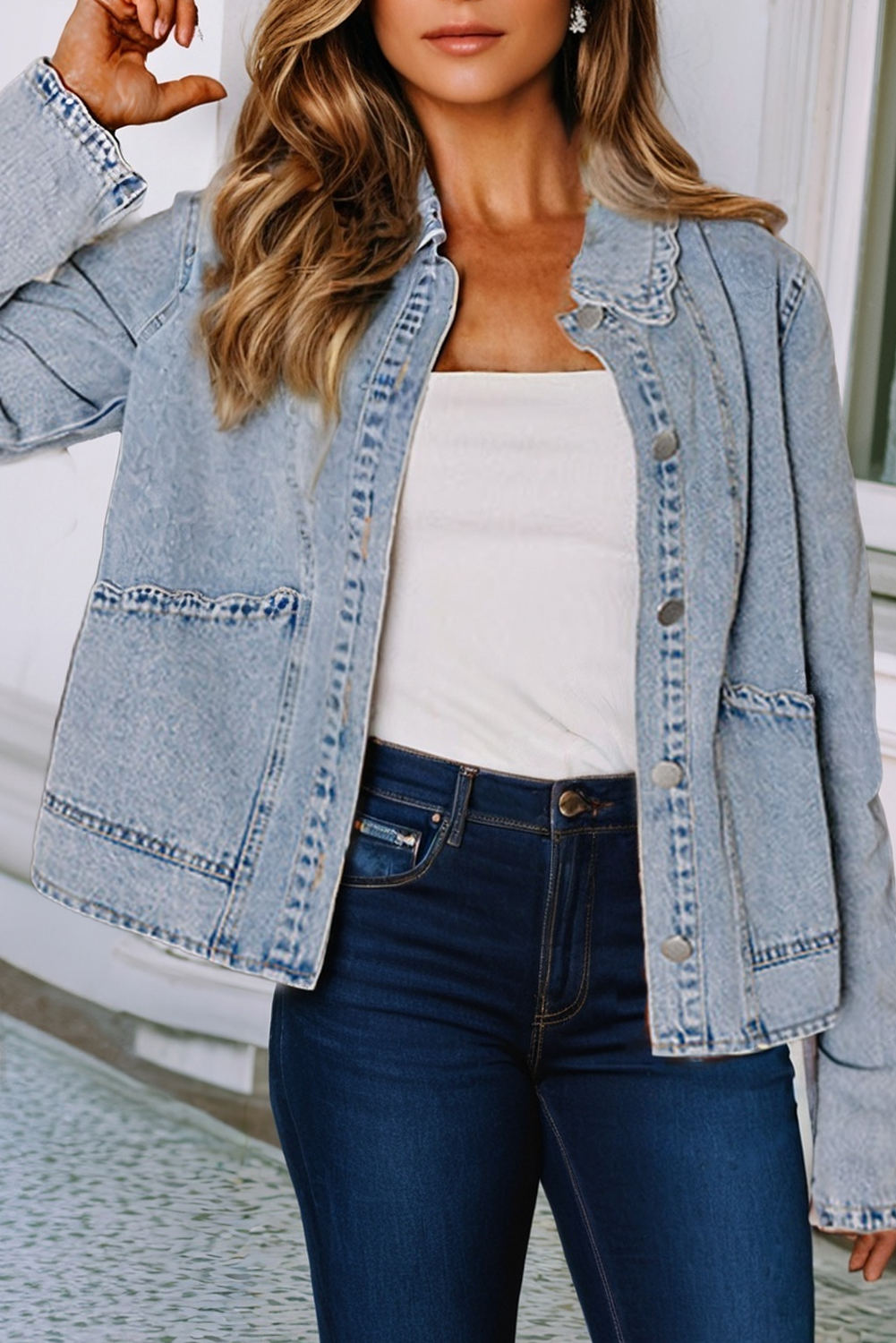 Scallop Trim Collar Patched Pocket Denim Jacket