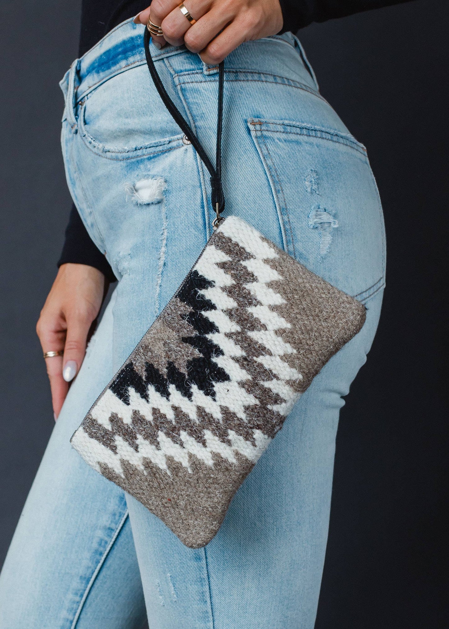 Taupe, Cream & Black Aztec Wristlet