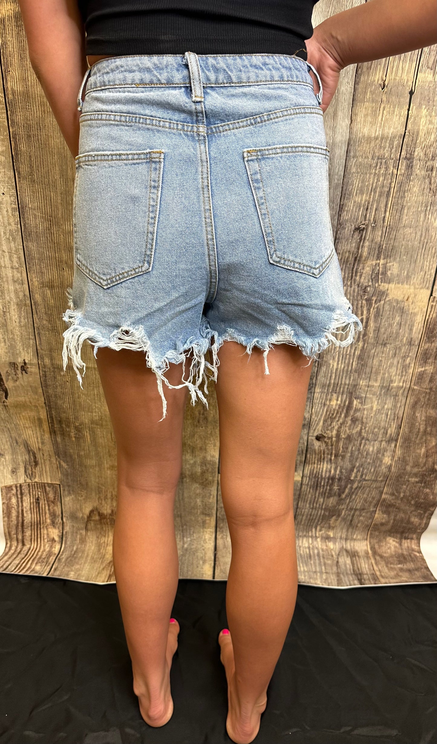 HIGH WAISTED DESTRUCTION DENIM SHORTS