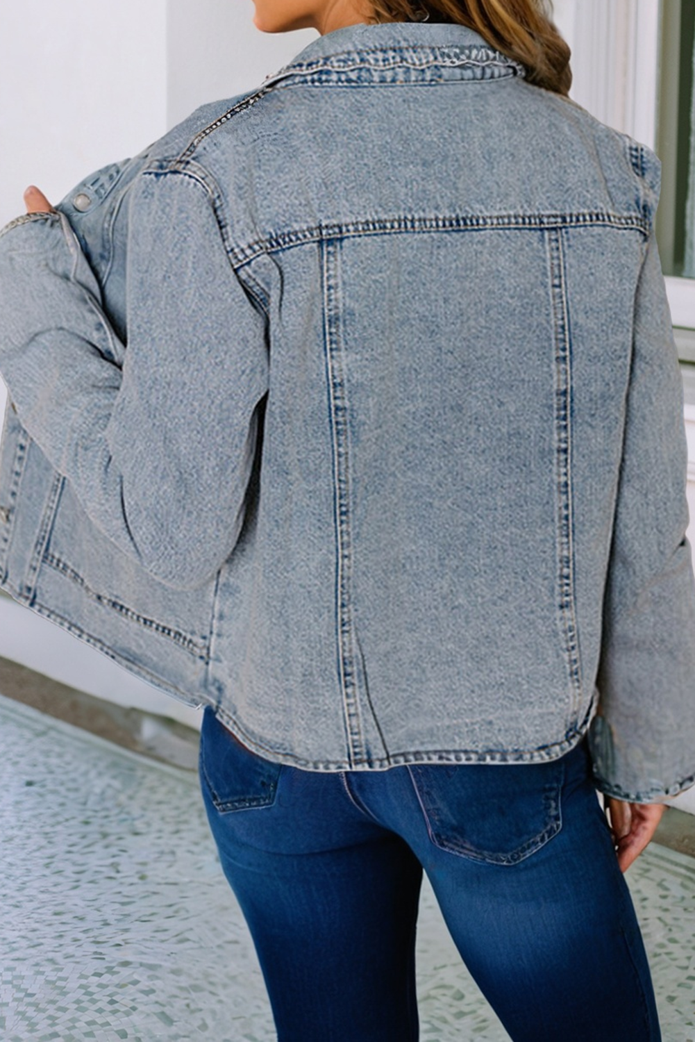 Scallop Trim Collar Patched Pocket Denim Jacket