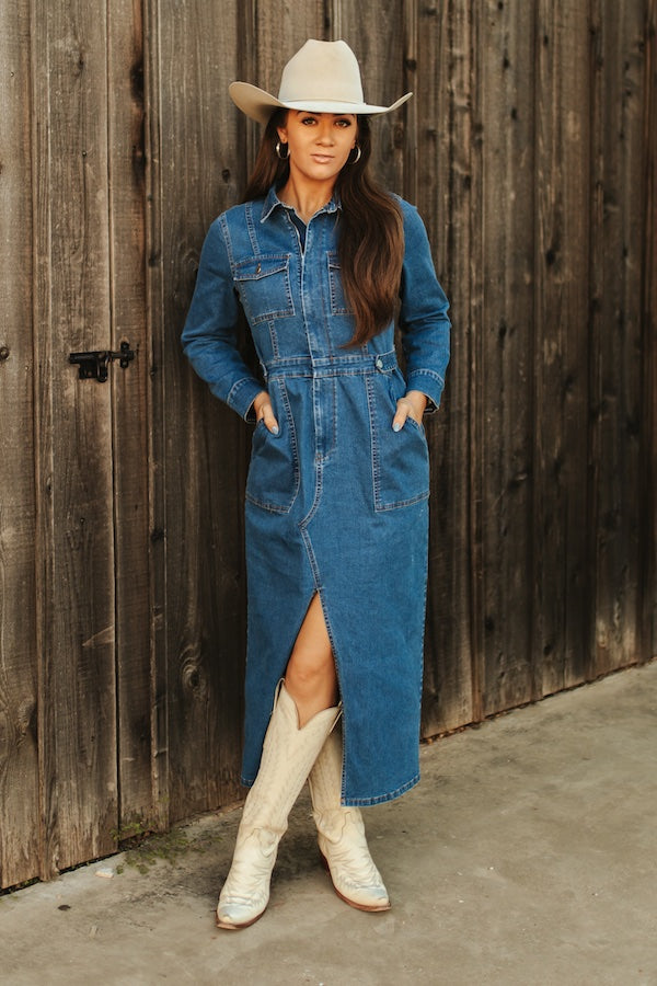 Mid Wash Stretch Denim Button Down Maxi Slit Hem Dress