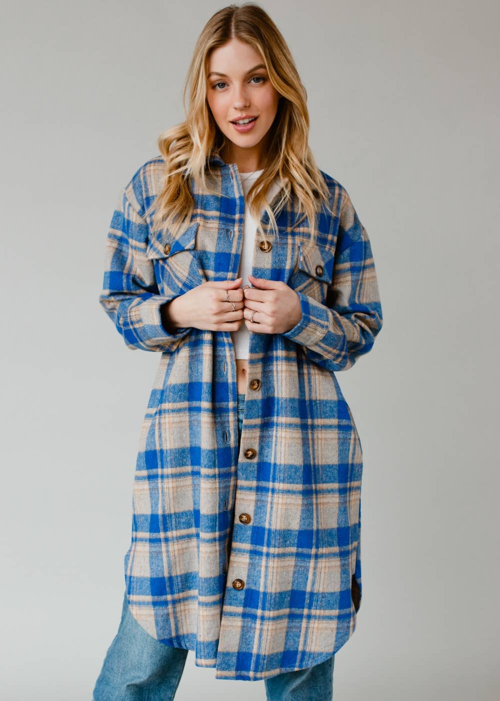 Royal Blue & Tan Plaid Long Flannel